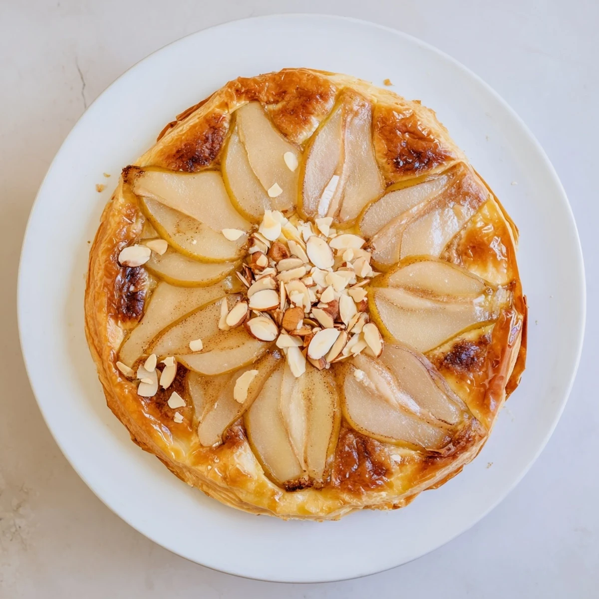 Individual pear tarts with flaky puff pastry crust dusted with powdered sugar