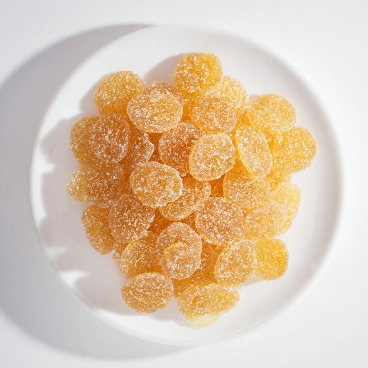 Golden translucent homemade candied ginger slices coated in sparkling white sugar arranged on a dark surface