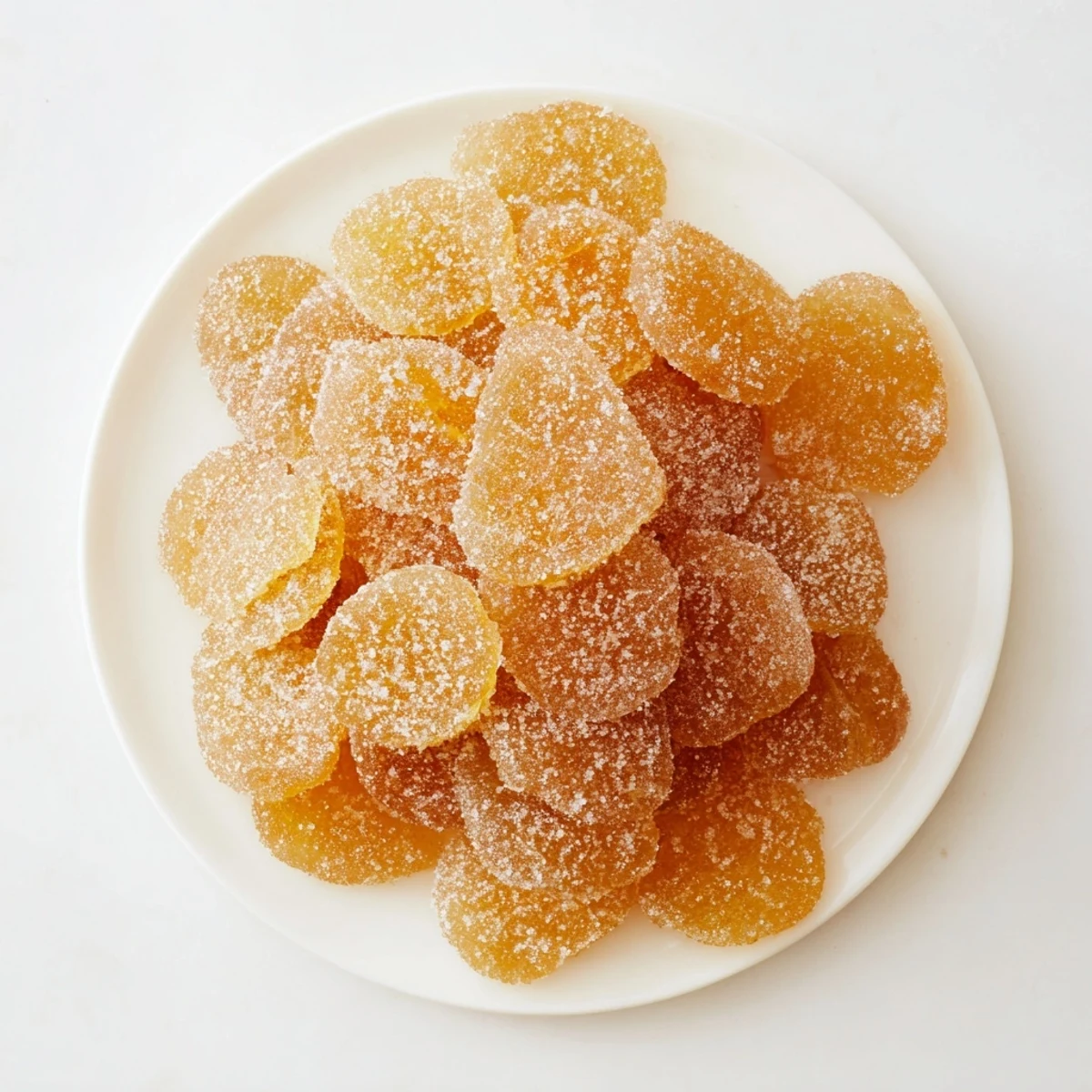 Chewy sweet and spicy candied ginger pieces piled high with a glistening crystallized sugar texture