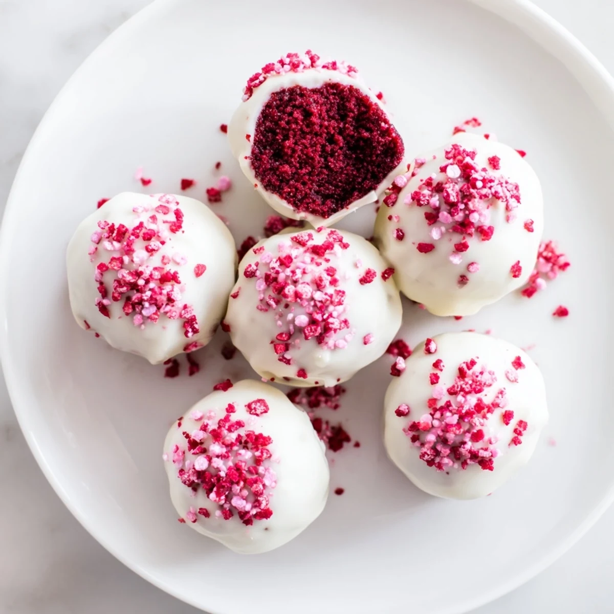 Bite-sized red velvet cake truffles dipped in smooth white chocolate with colorful sprinkles