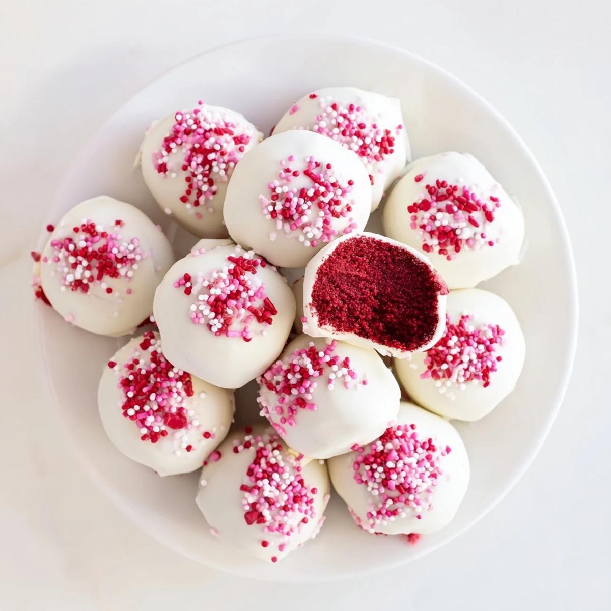 Homemade red velvet cake truffles rolled in rich white chocolate topping perfect for gifting