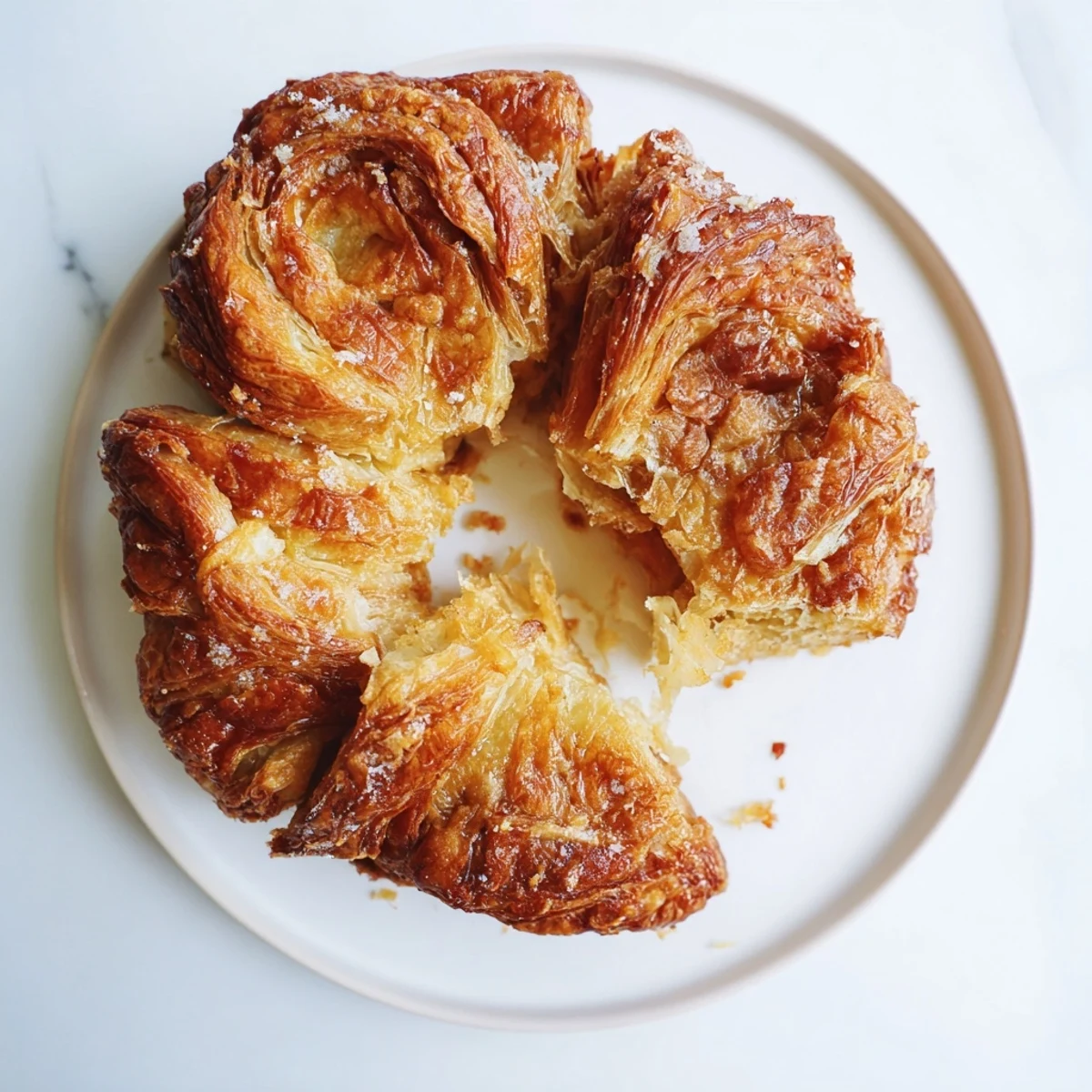 Golden caramelized Kouign Amann pastry with deep amber crust and flaky buttery layers visible
