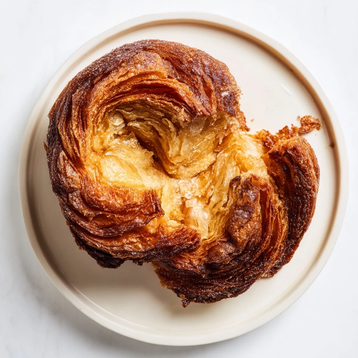 Freshly baked French Kouign Amann with crisp sugar coating and tender laminated interior close-up