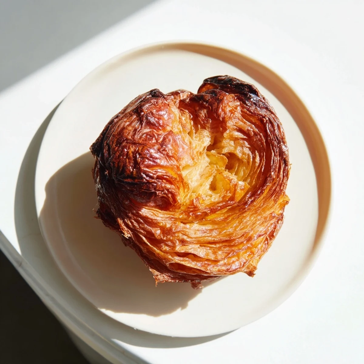 Round cake pan of warm Kouign Amann pastries showcasing caramelized edges and sugary crisp topping