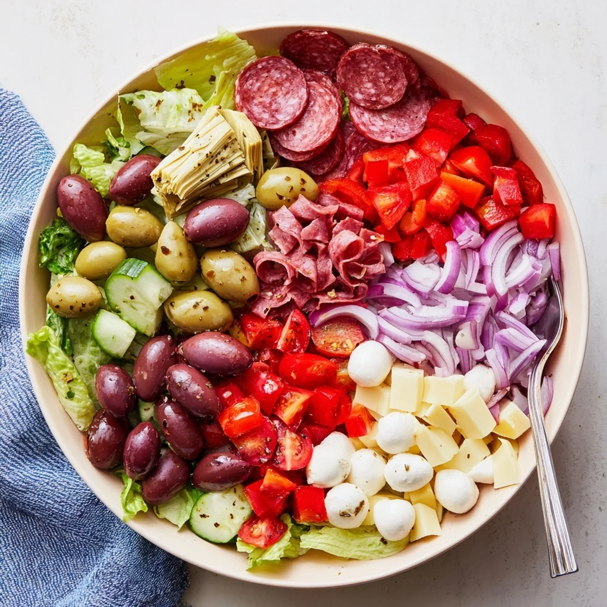 Colorful antipasti chopped salad bowl with fresh romaine, mozzarella, olives, and Italian meats