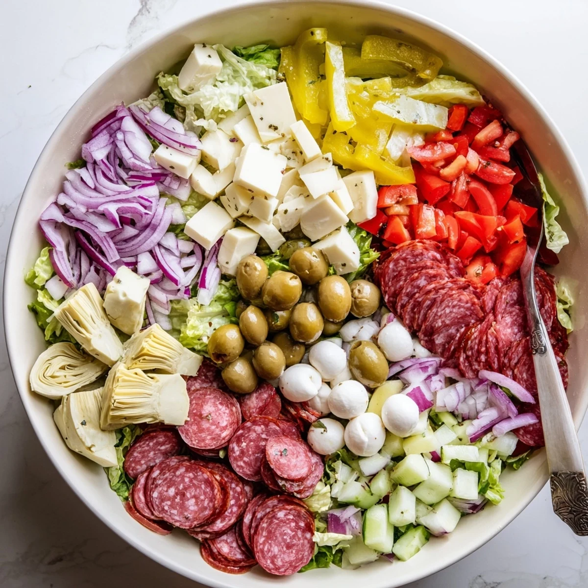 Vibrant Italian antipasti salad featuring crisp vegetables, salami, and tangy pepperoncini in a large bowl