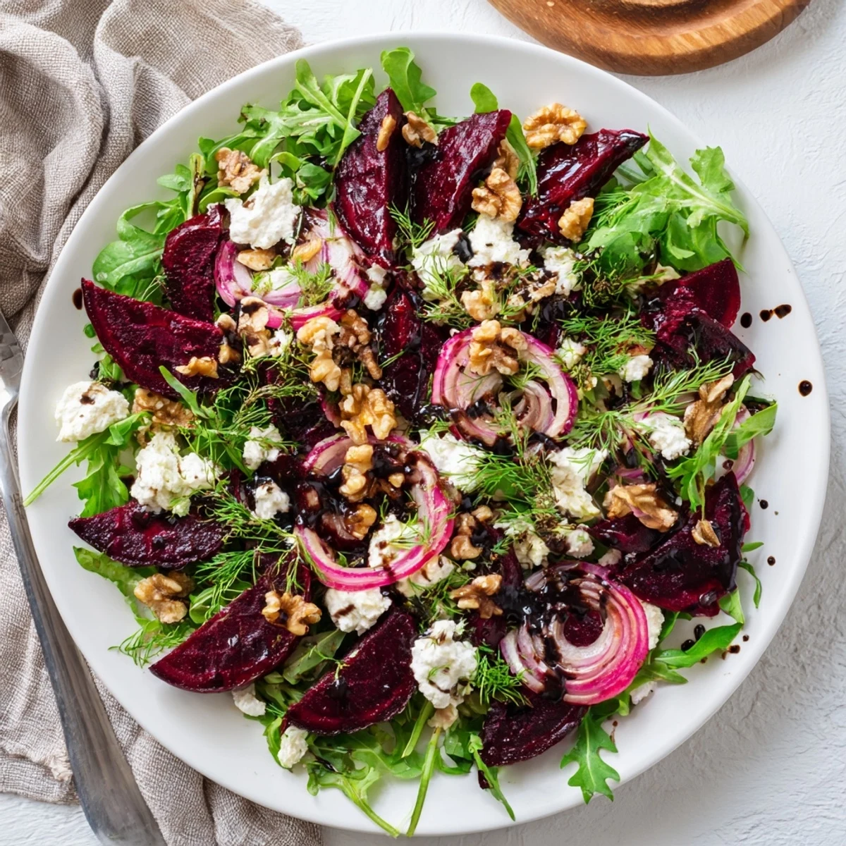 Vibrant Ultimate Beet Salad featuring tender roasted beets, creamy cheese, and crunchy walnuts on a bed of arugula