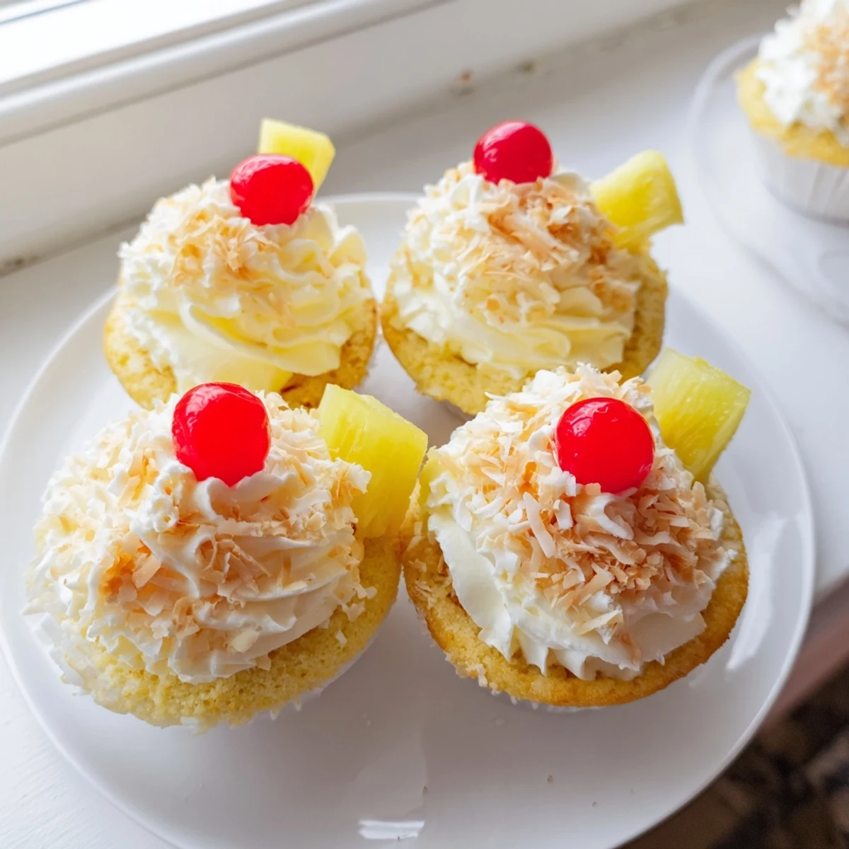 Frosted Pina Colada cupcakes topped with toasted coconut flakes and bright red maraschino cherries