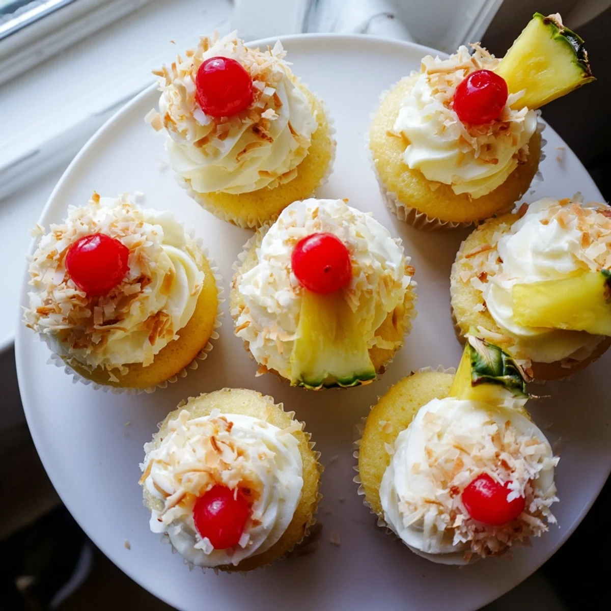 Golden Pina Colada cupcakes piled high with fluffy white frosting and sprinkled sweet coconut