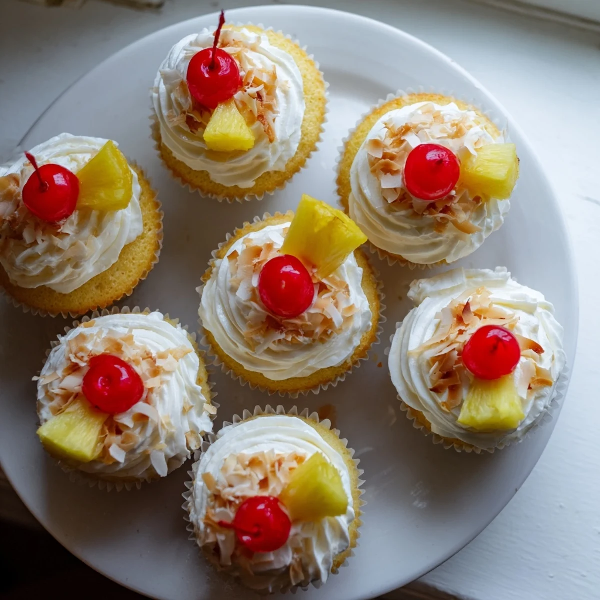 Tropical Pina Colada cupcakes with creamy coconut frosting and garnished pineapple wedges on white plate