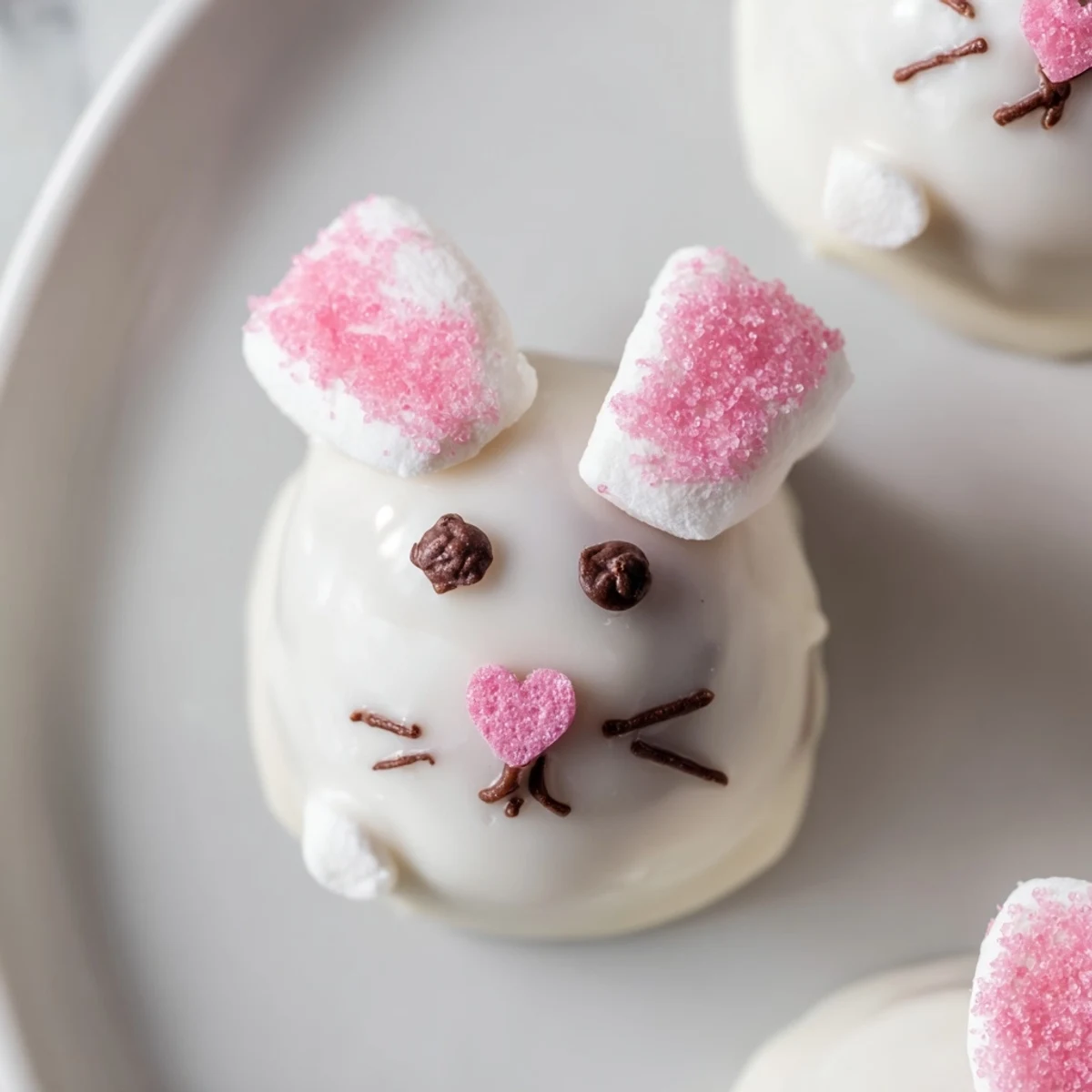 No-bake Bunny Oreo Balls featuring cream cheese Oreo truffles decorated as Easter bunnies with heart sprinkle noses