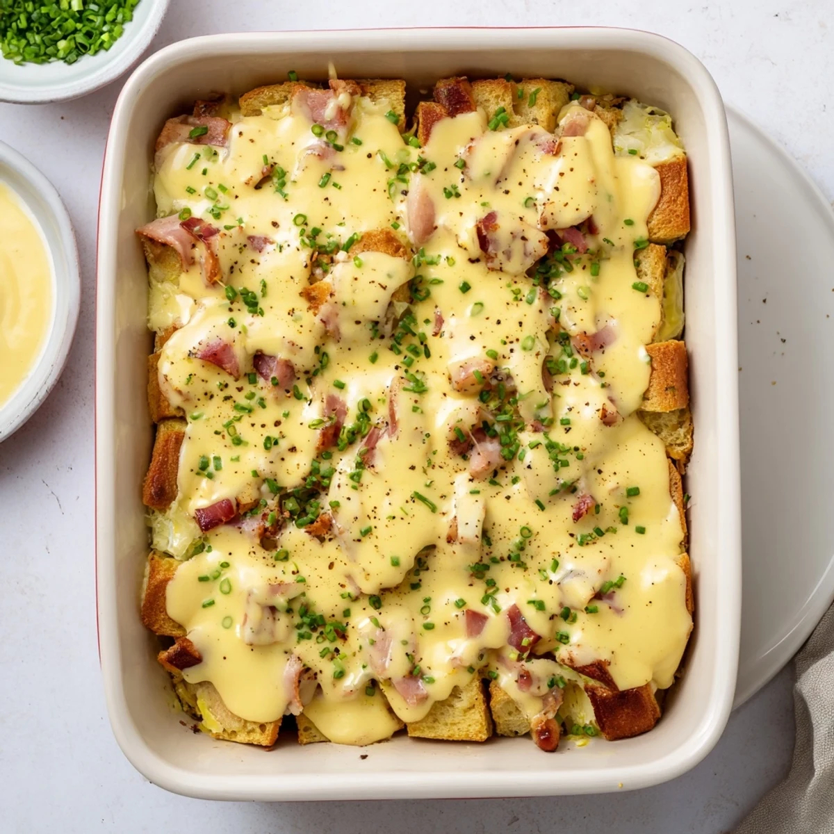 Crowd-pleasing Eggs Benedict casserole bake with toasted English muffin pieces and rich golden hollandaise glaze