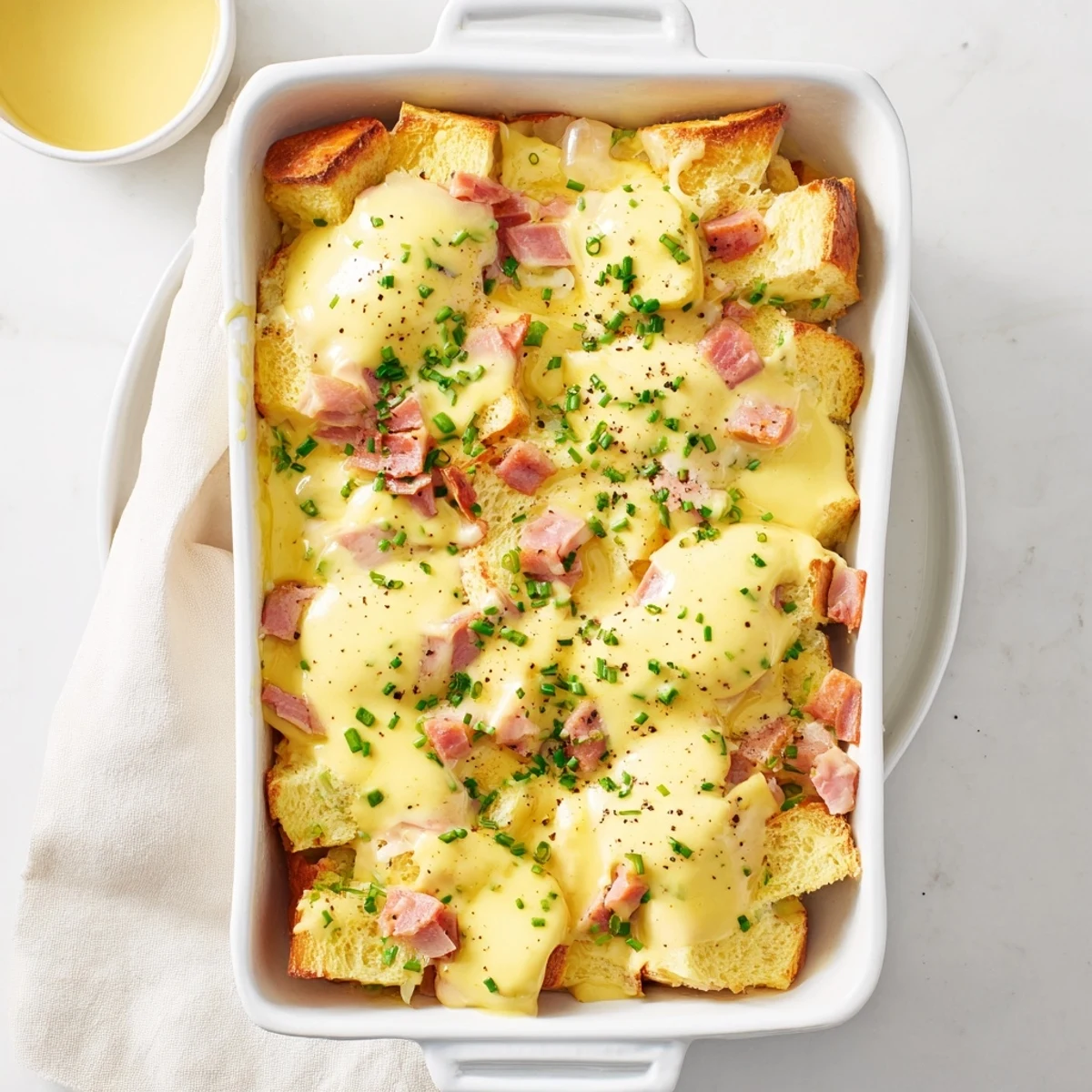Savory breakfast casserole featuring fluffy baked eggs, diced Canadian bacon, and buttery hollandaise sauce topping