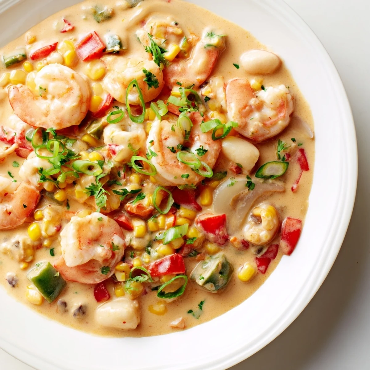 Creamy seafood and shrimp chili featuring tender shrimp swimming in rich, velvety white sauce with colorful peppers