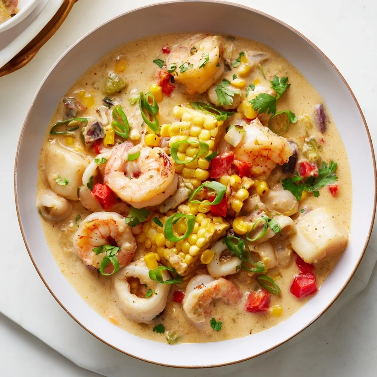 Savory bowl of creamy seafood and shrimp chili garnished with fresh cilantro, lime wedges, and diced vegetables