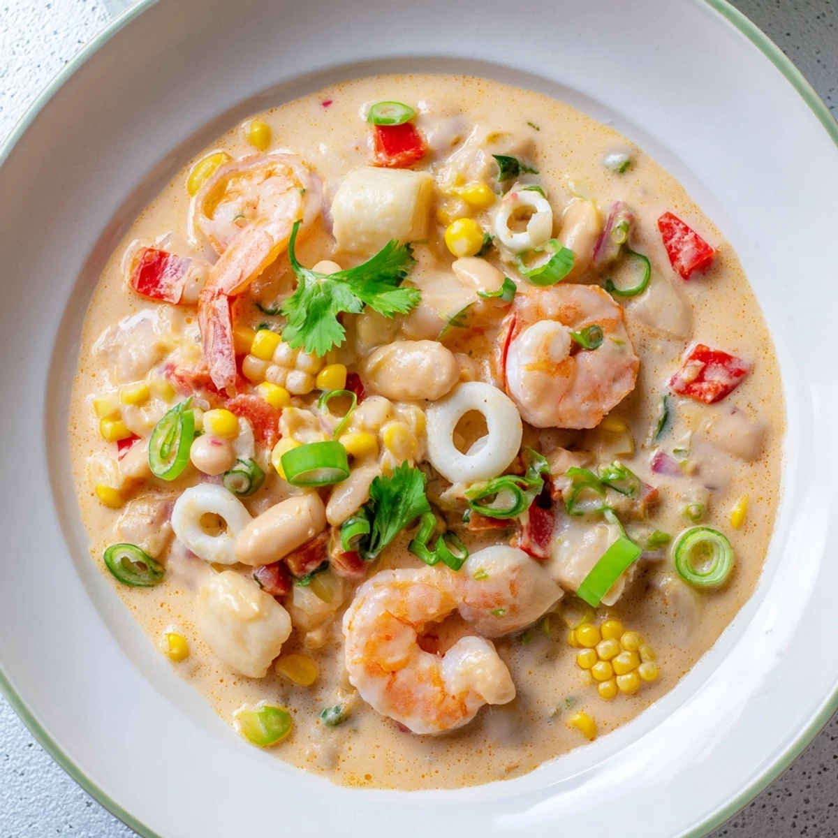 Hearty creamy seafood and shrimp chili served in rustic white bowl with crusty bread on the side