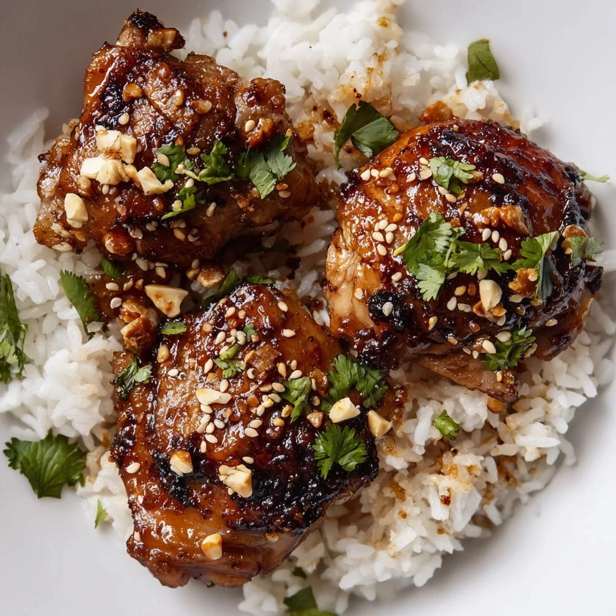 Golden glazed spicy maple chicken rests atop fluffy coconut rice topped with fresh cilantro and sesame seeds