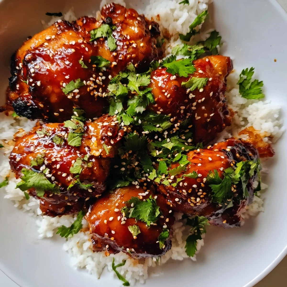 Tender chicken thighs coated in sweet and spicy maple sauce served over aromatic white coconut rice in a bowl