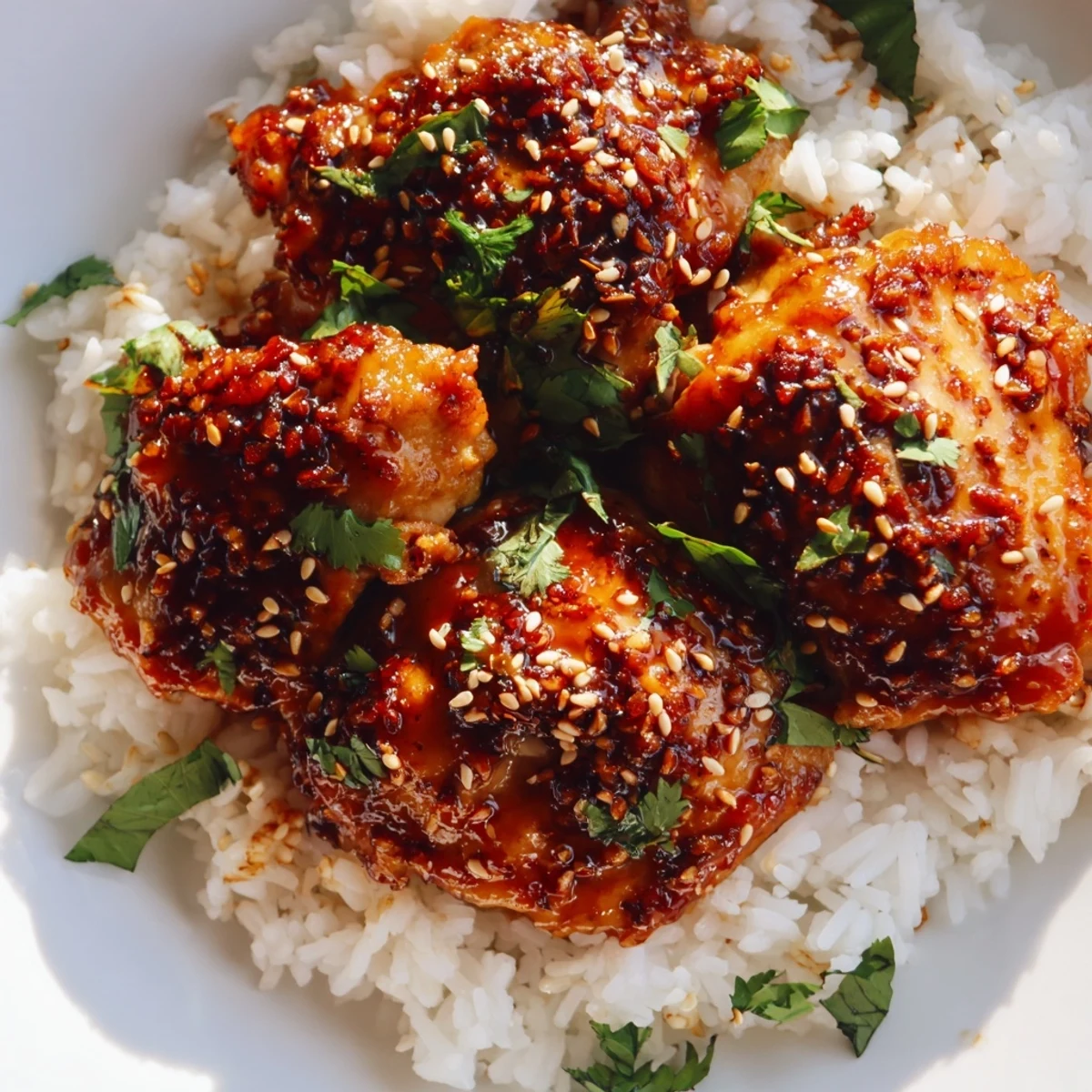 Close up of spicy maple chicken pieces arranged on a bed of creamy coconut rice garnished with lime wedges
