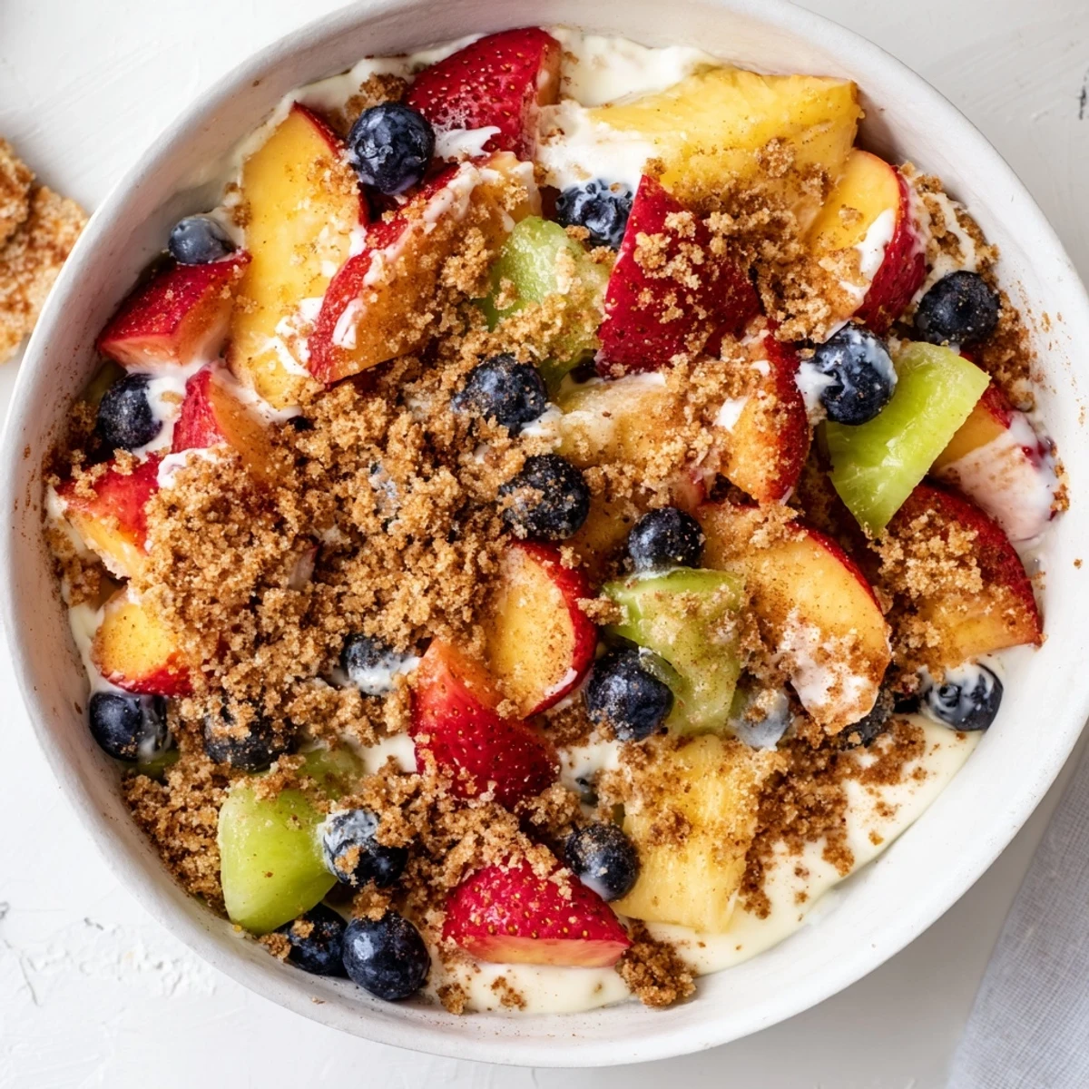 Fresh peach cobbler cheesecake fruit salad with juicy peaches, berries, and golden cinnamon crumble topping