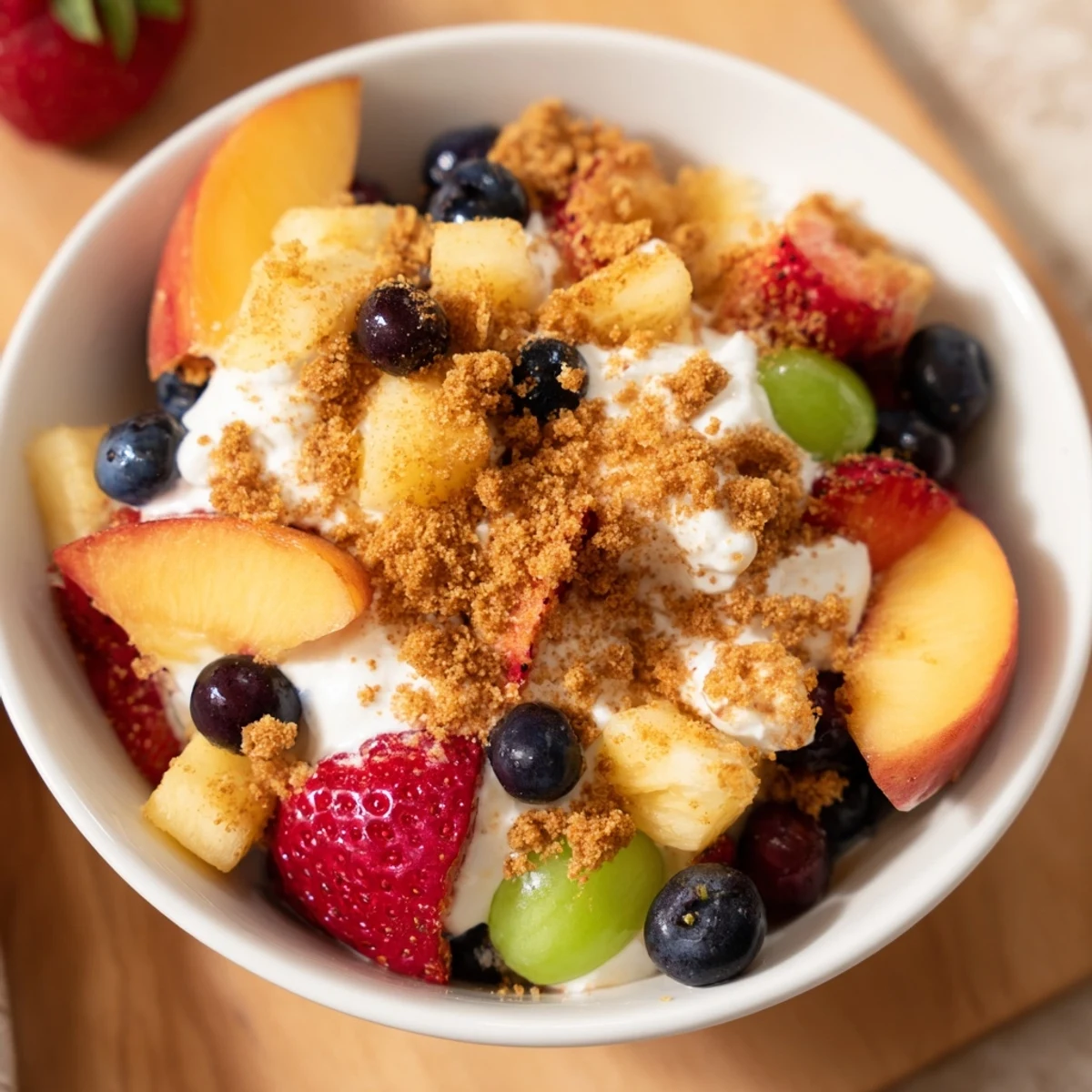 Creamy cheesecake fruit salad bowl featuring ripe peaches, mixed berries, and buttery vanilla wafer crunch