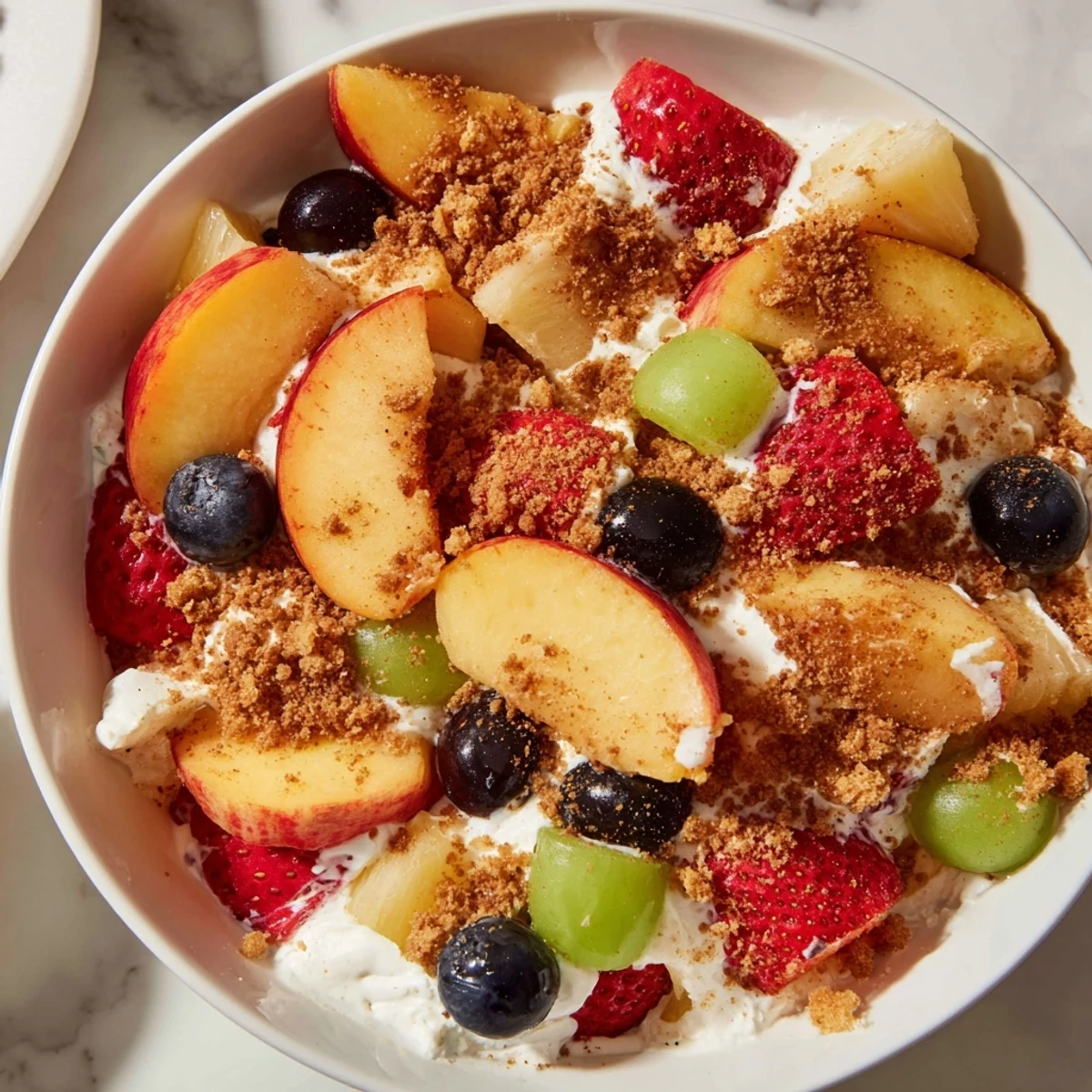 Summer peach cobbler cheesecake salad with whipped cream cheese dressing and spiced cookie crumbles