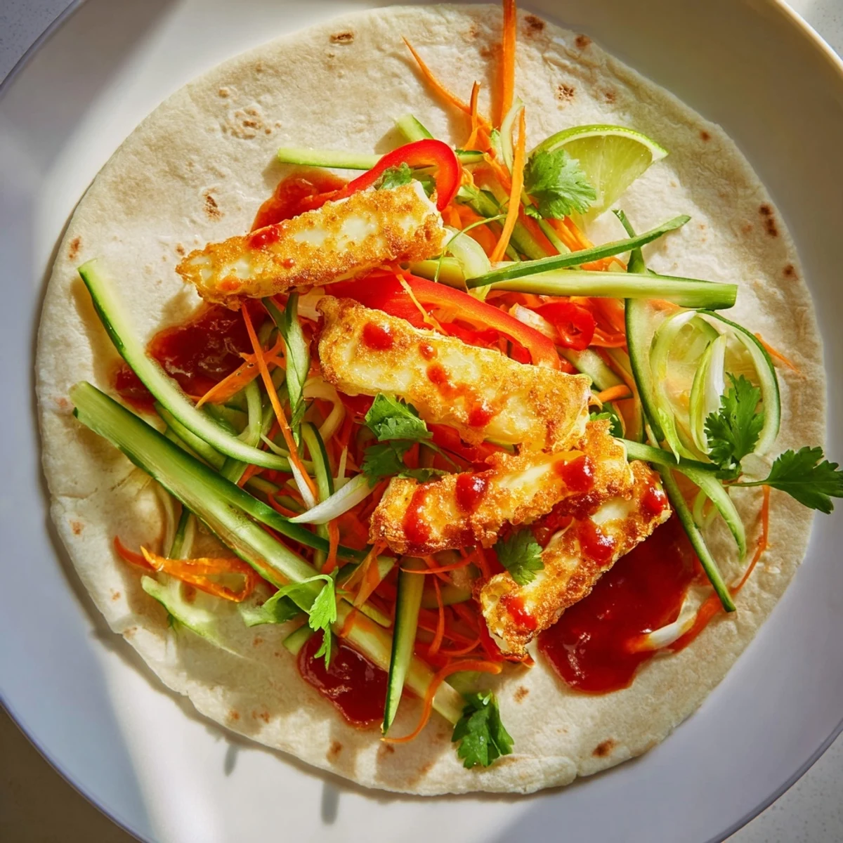 Golden brown pan-fried halloumi strips layered with crisp vegetables in a flour tortilla wrap
