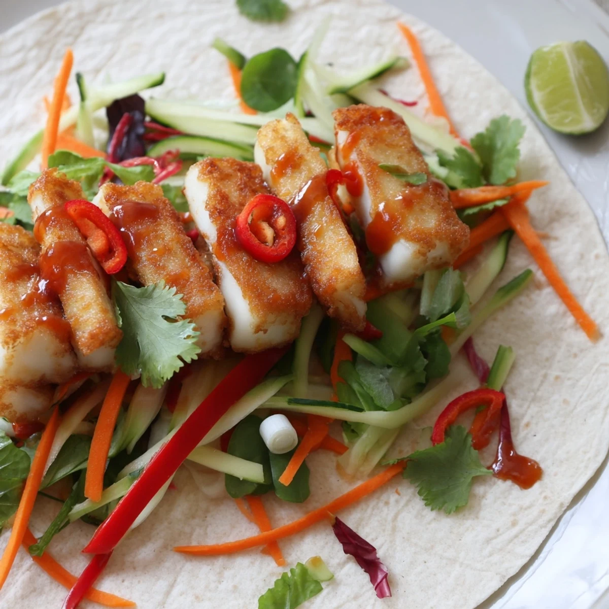 Vegetarian sweet chili halloumi wraps rolled tight with colorful julienned veggies and tangy sauce