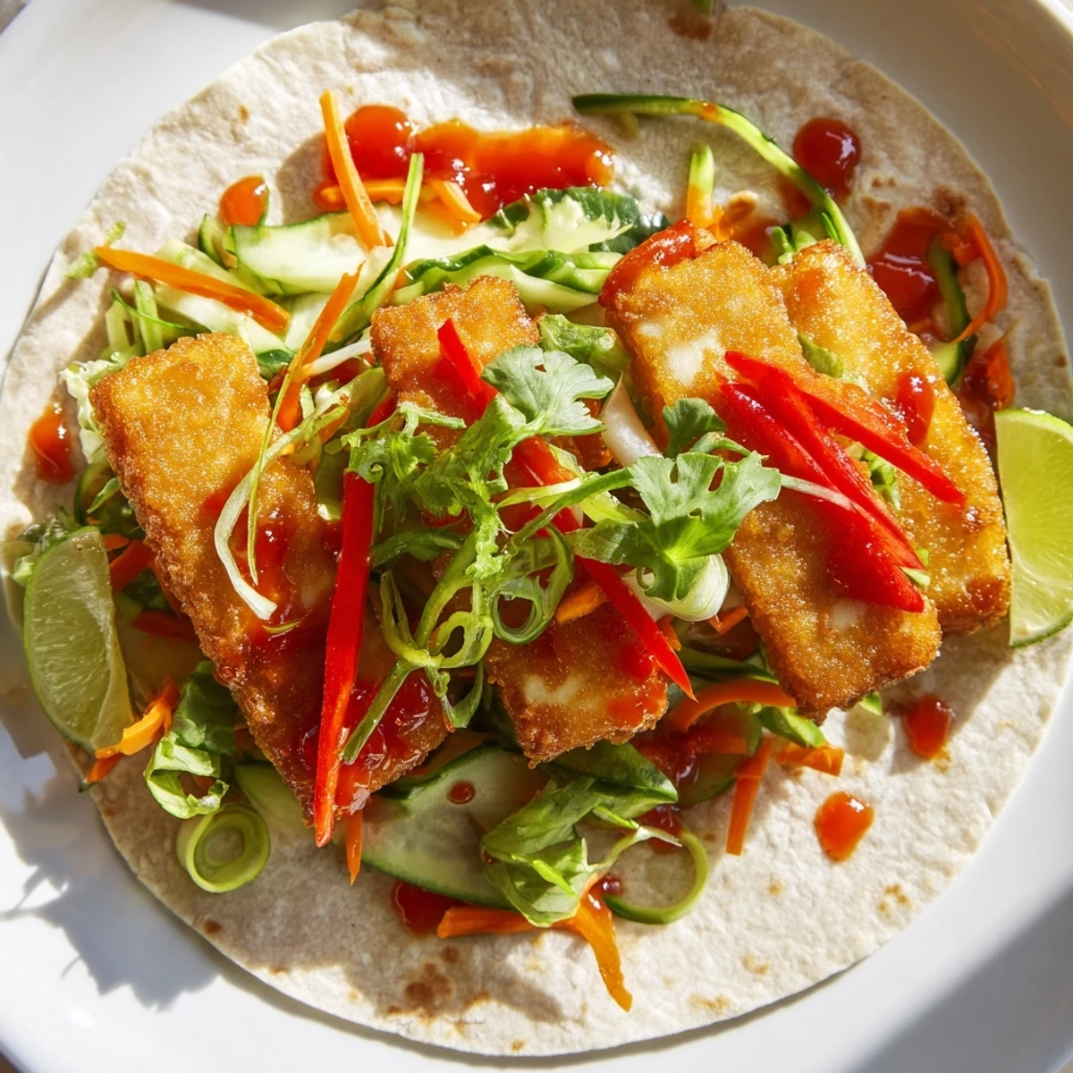 Crispy fried halloumi cheese wrapped with fresh cucumber carrot and bell pepper slices