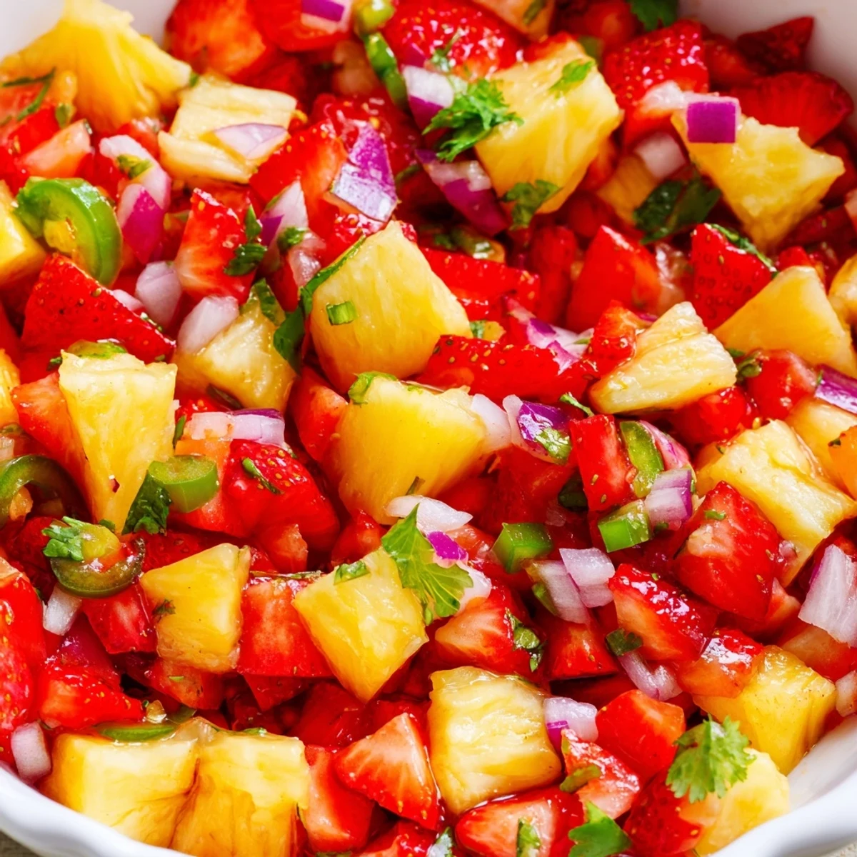 Fresh strawberry pineapple salsa with red onion, cilantro, and lime juice in a white serving bowl