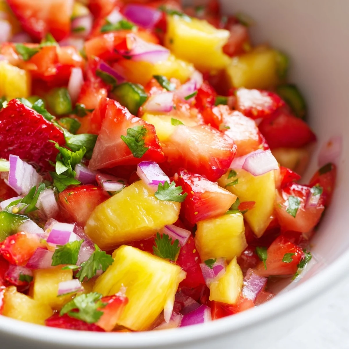 Colorful strawberry pineapple salsa in glass bowl ready for dipping with tortilla chips