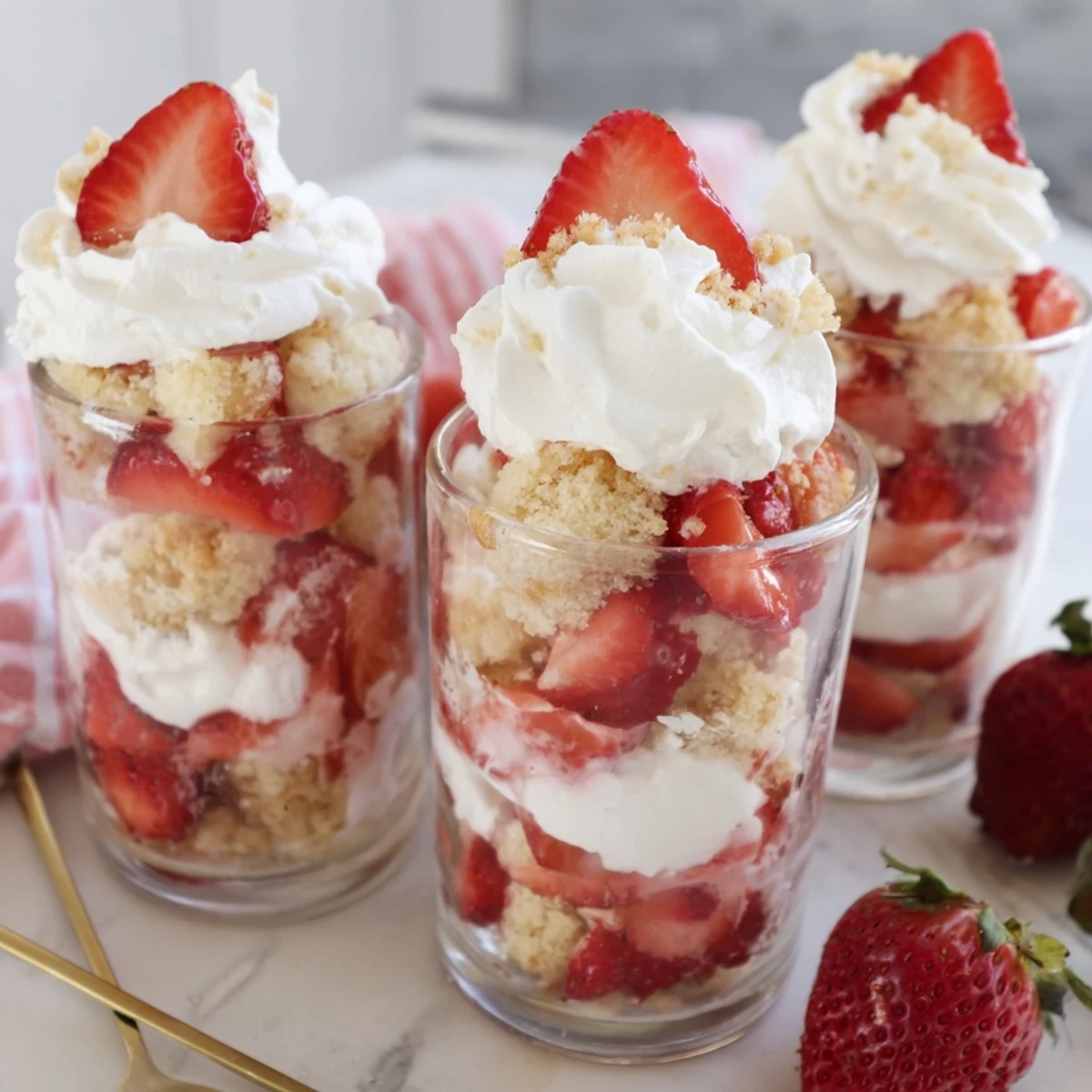 Individual strawberry shortcake cups layered with juicy macerated berries and fluffy whipped cream in clear glass