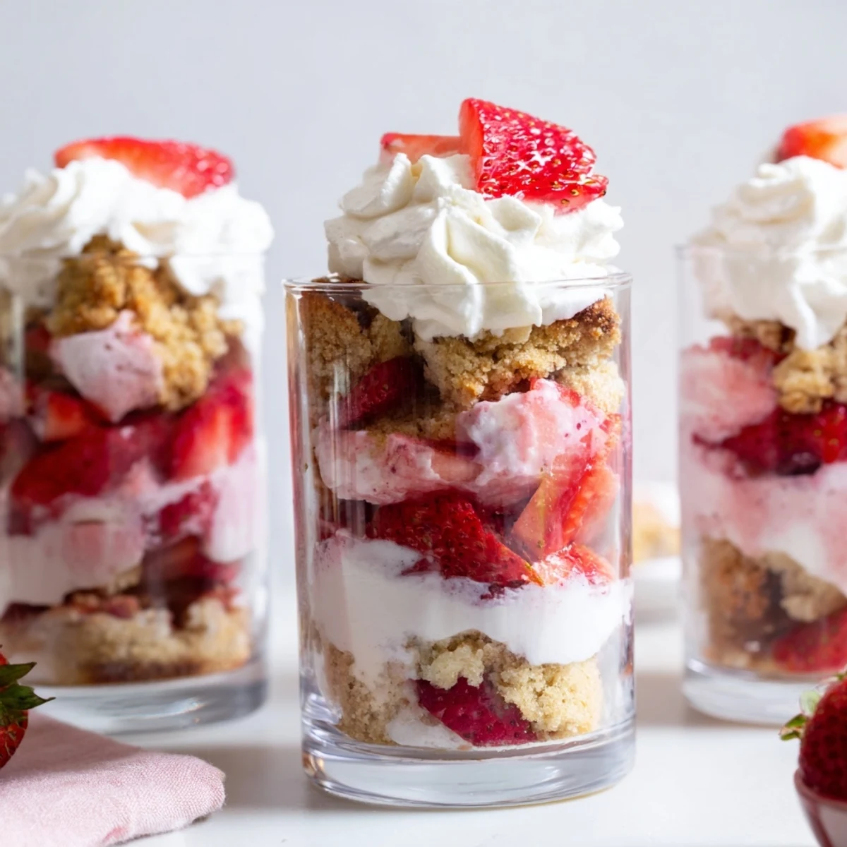 Golden shortcake pieces topped with sweet strawberries and vanilla whipped cream served in portable dessert cups