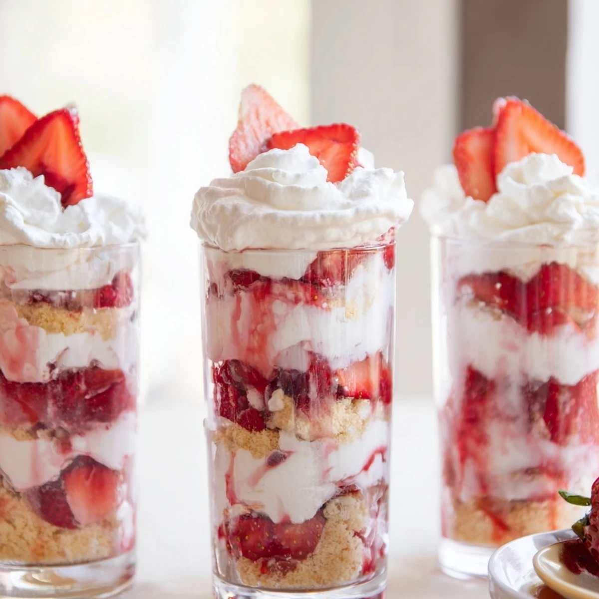 Layered strawberry shortcake cups featuring tender cake, sugary berries, and cream topped with fresh strawberry slices