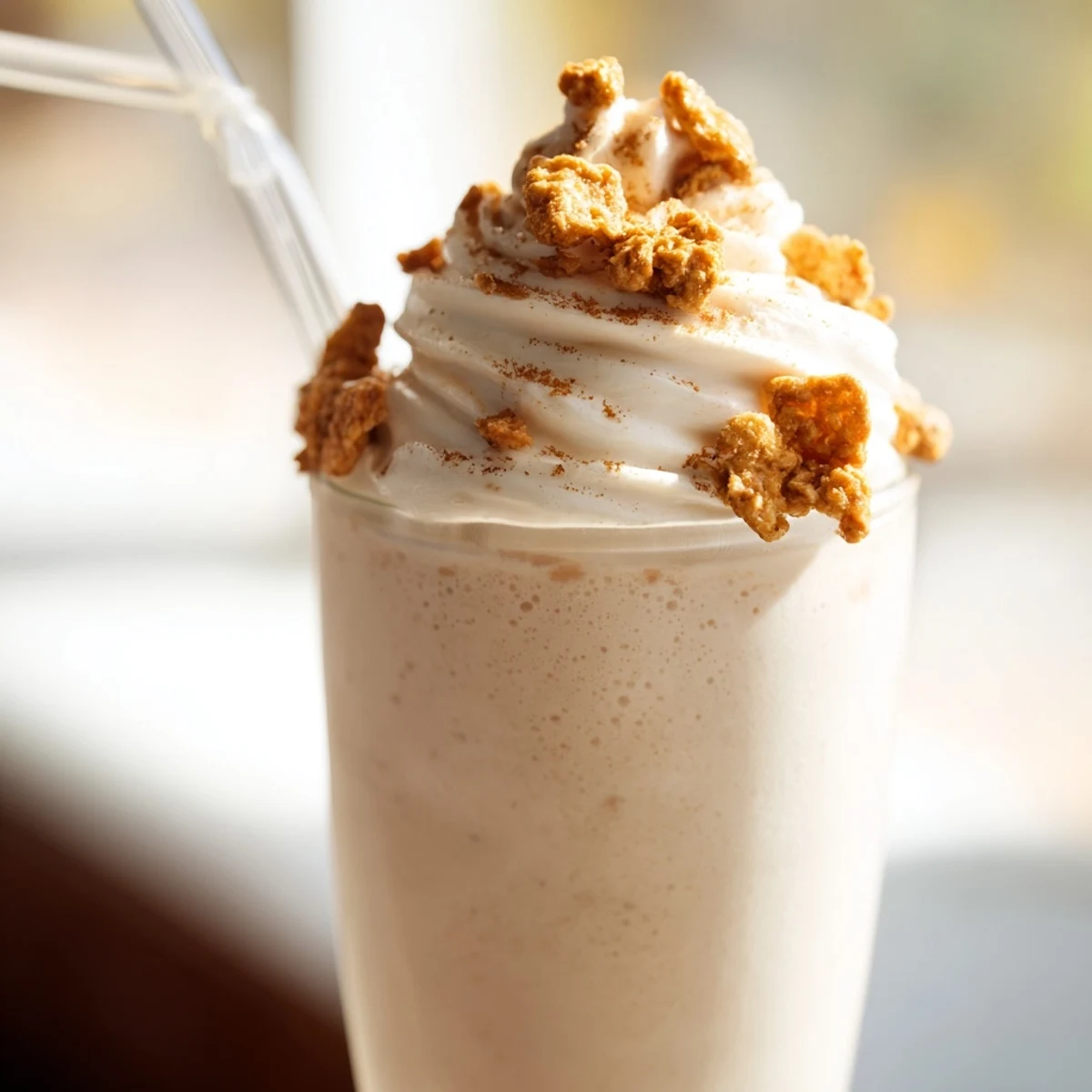Frosty glass of Cinnamon Toast Crunch frappe topped with whipped cream and cereal pieces