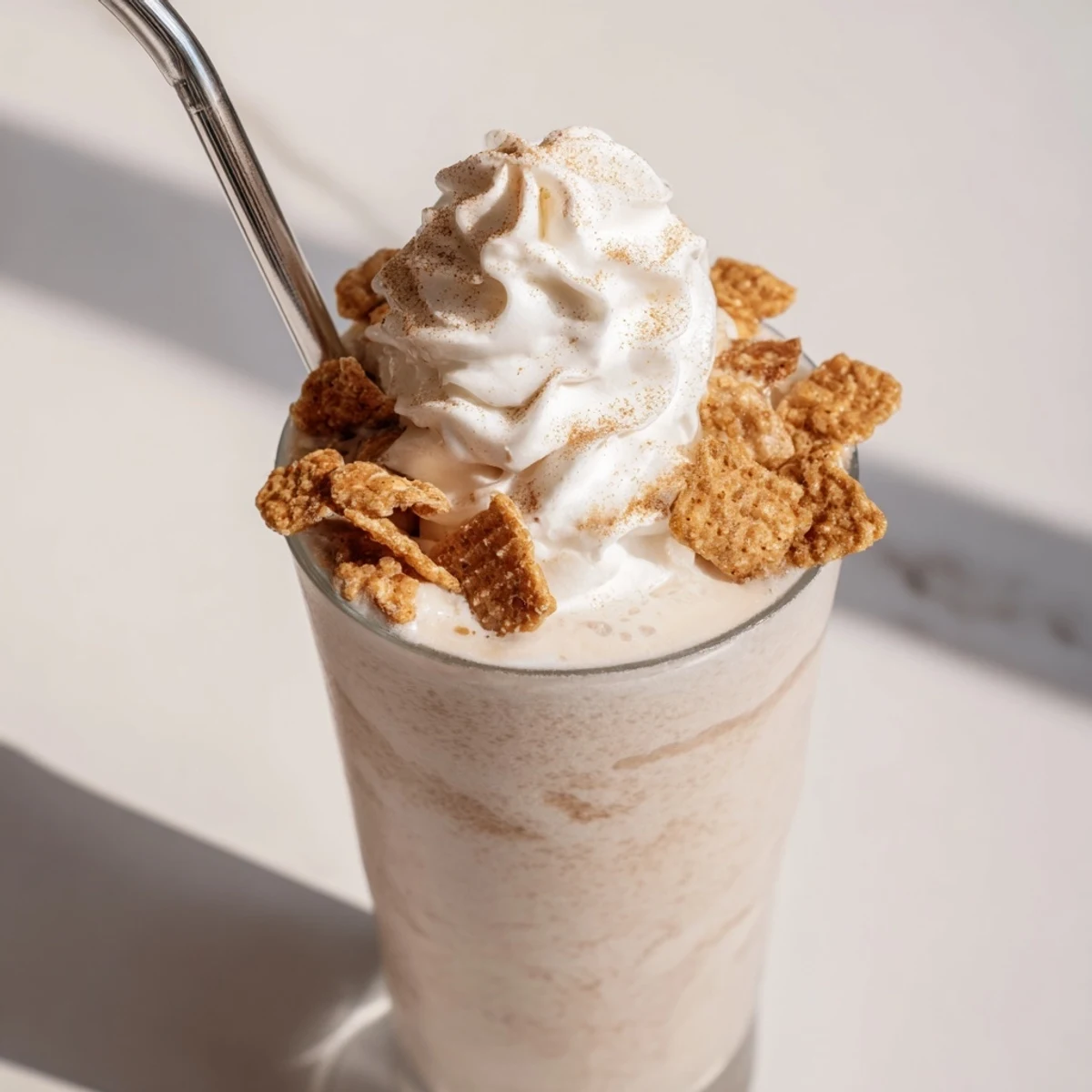 Creamy cinnamon blended coffee drink garnished with floating cereal in a tall clear glass
