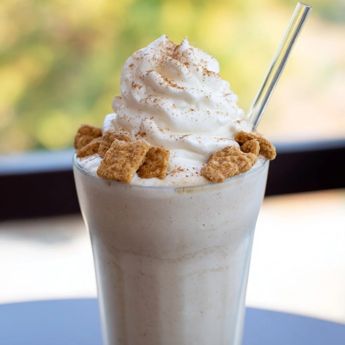 Thick chilled Cinnamon Toast Crunch frappe swirled with vanilla and dusted with cinnamon spice