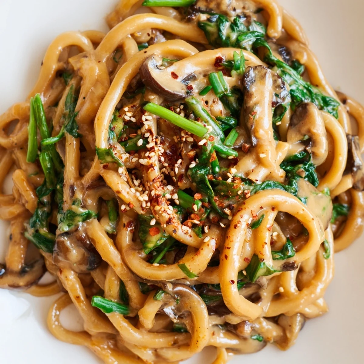 Creamy miso udon noodles coated in rich savory sauce with tender shiitake mushrooms and wilted spinach