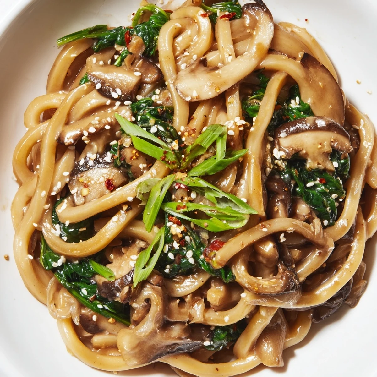 Thick udon noodles tossed in velvety miso cream sauce topped with green onions and toasted sesame seeds