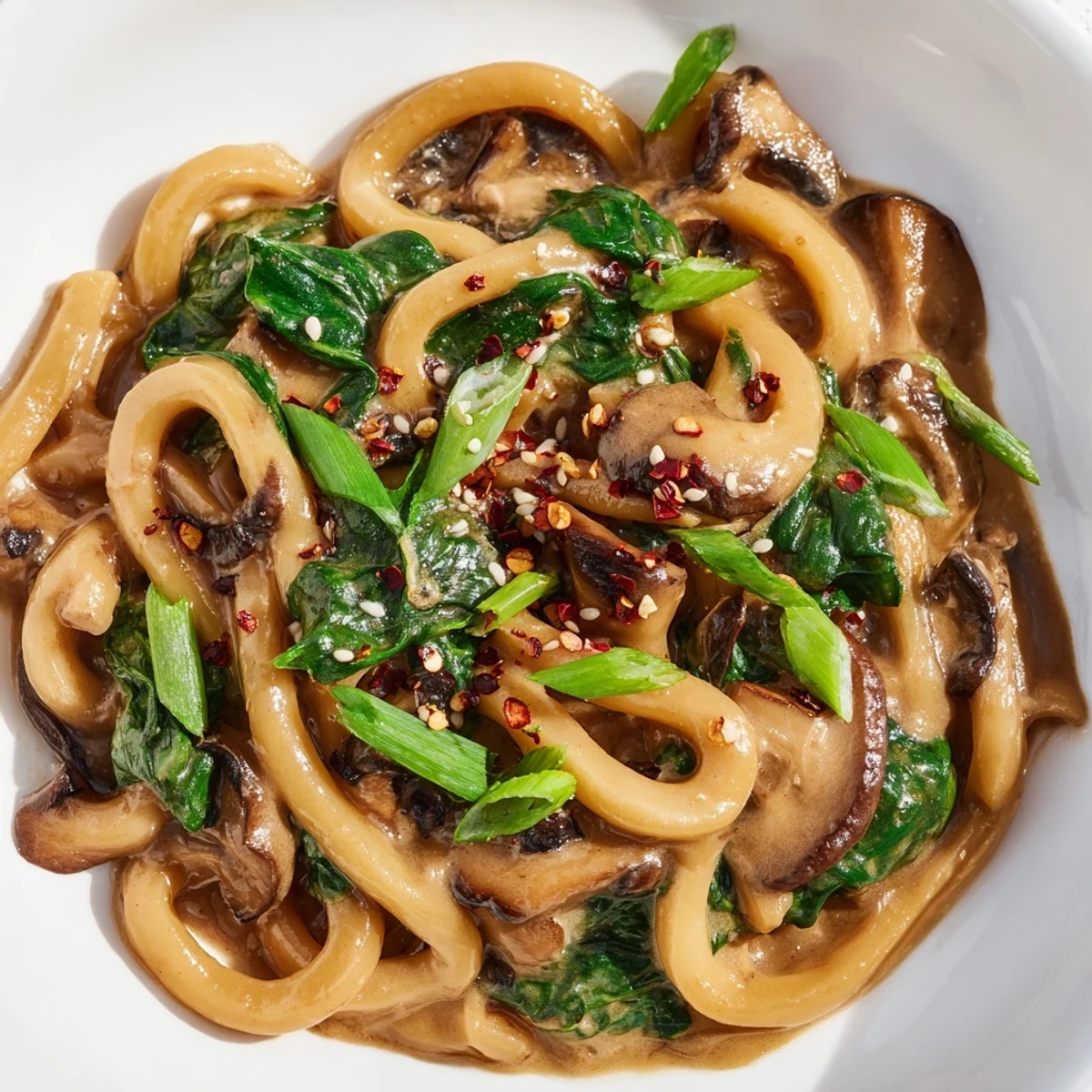 Japanese-style creamy miso udon bowl featuring vegetables in aromatic umami sauce garnished with fresh scallions