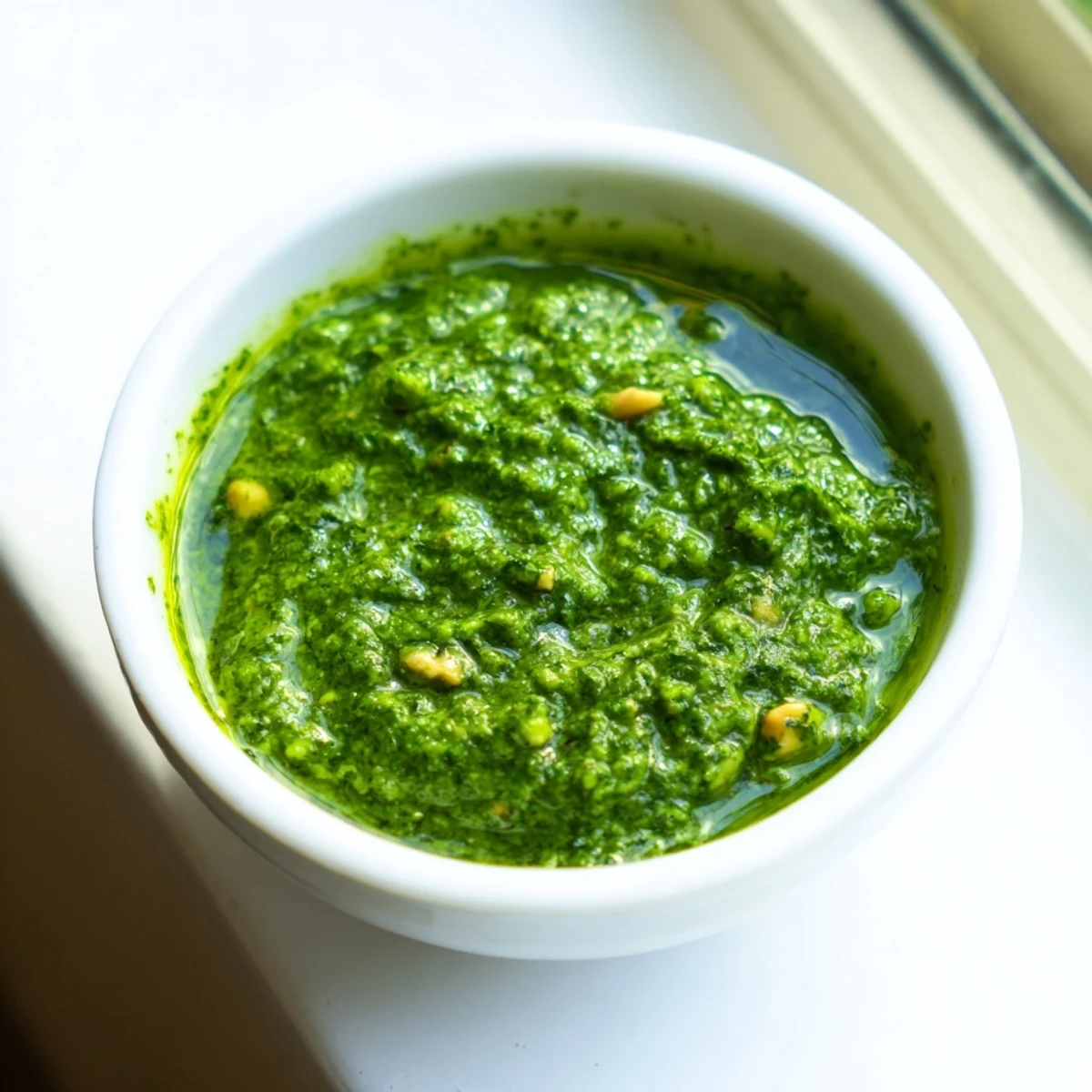 Vibrant green Thai basil pesto swirled in a glass bowl with fresh basil leaves garnish