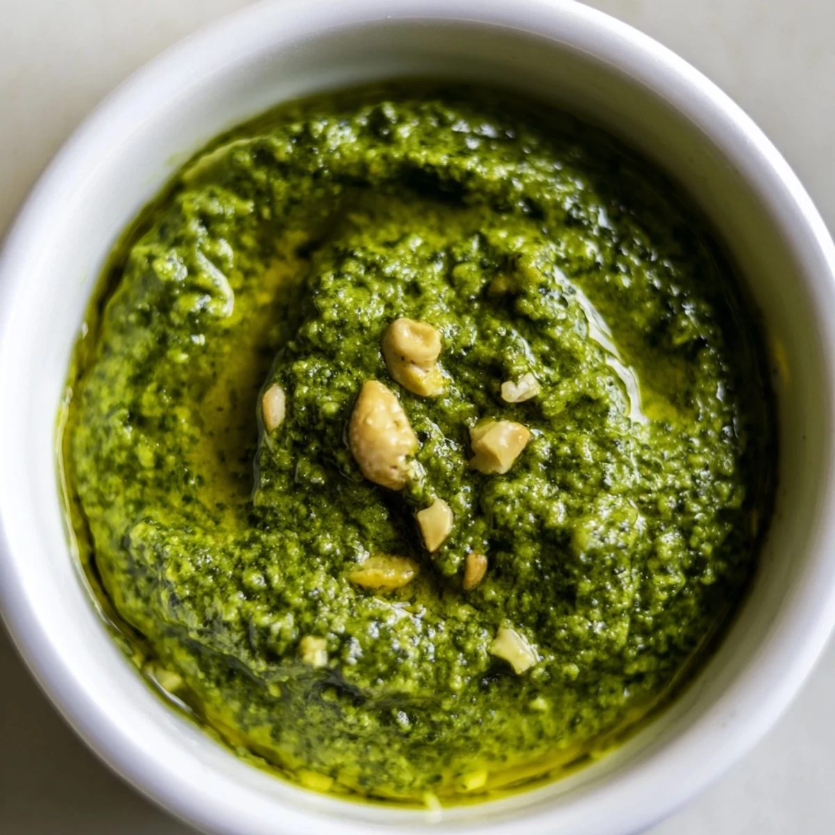 Creamy Thai basil pesto draped over steaming rice noodles with chopped cashew sprinkles