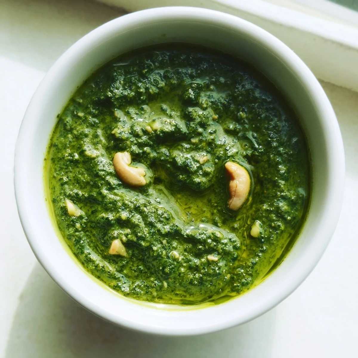 Spoonful of aromatic Thai basil pesto showcasing its rich texture and deep emerald color