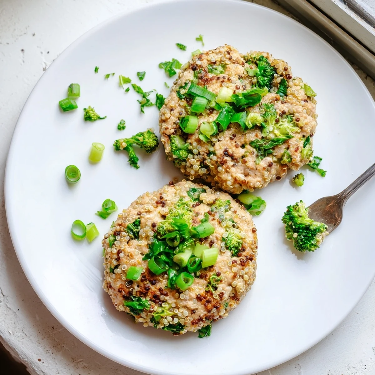 Golden brown turkey broccoli and quinoa burgers sizzling in a skillet with fresh herbs