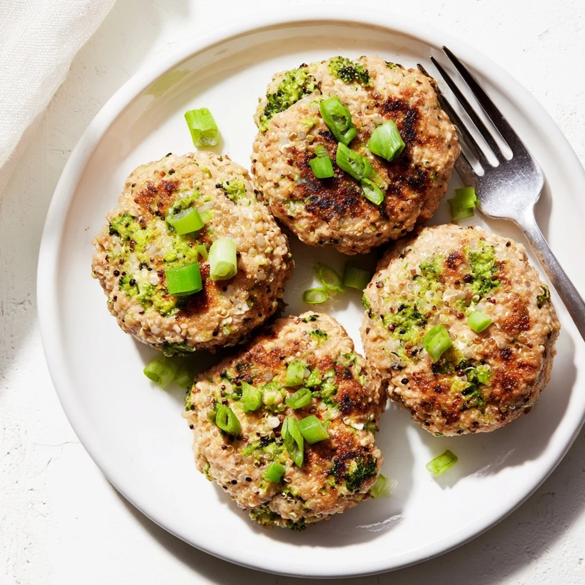 Pan-fried turkey burgers featuring tender broccoli pieces and fluffy quinoa on a white plate