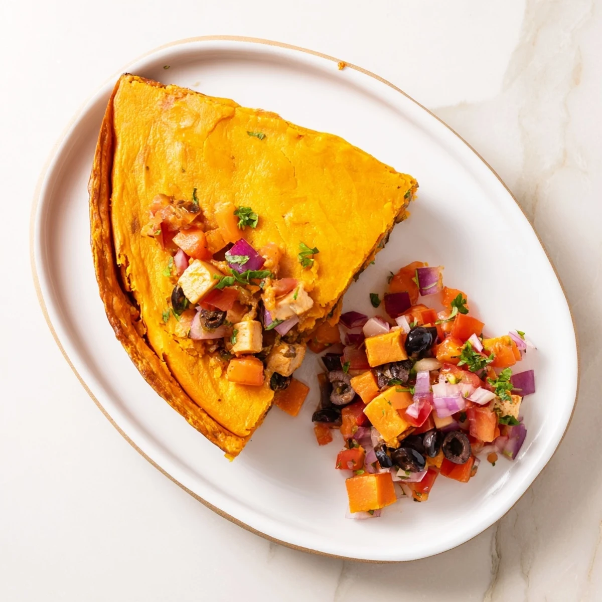 Golden-crusted sweet potato and chicken pie topped with vibrant tomato olive salsa on a rustic wooden table