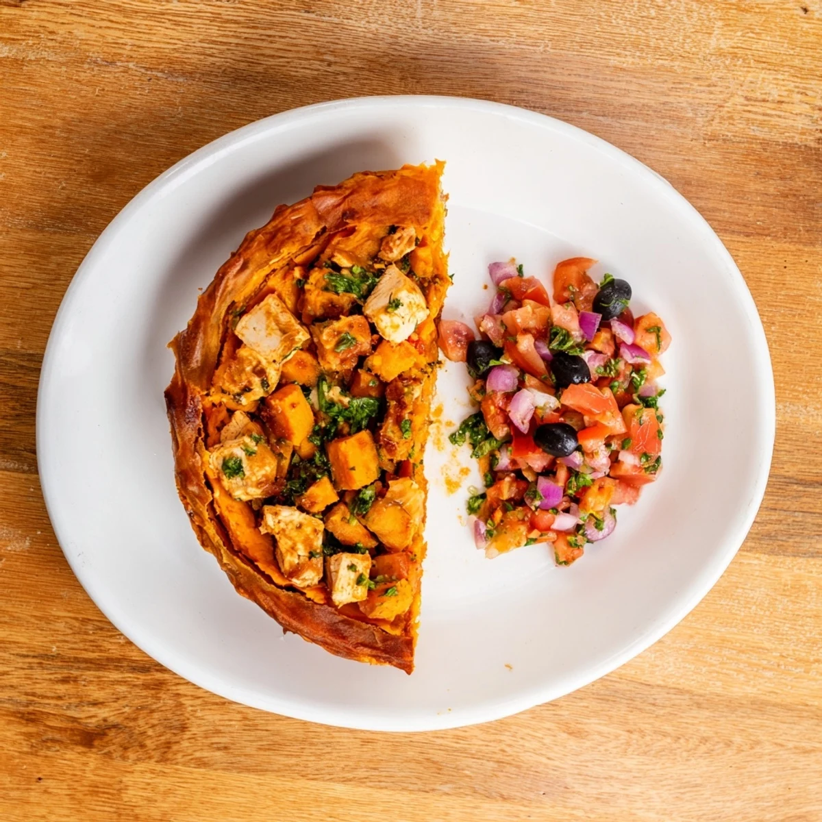 Savory chicken and sweet potato pie sliced open revealing tender filling with tangy tomato olive salsa garnish