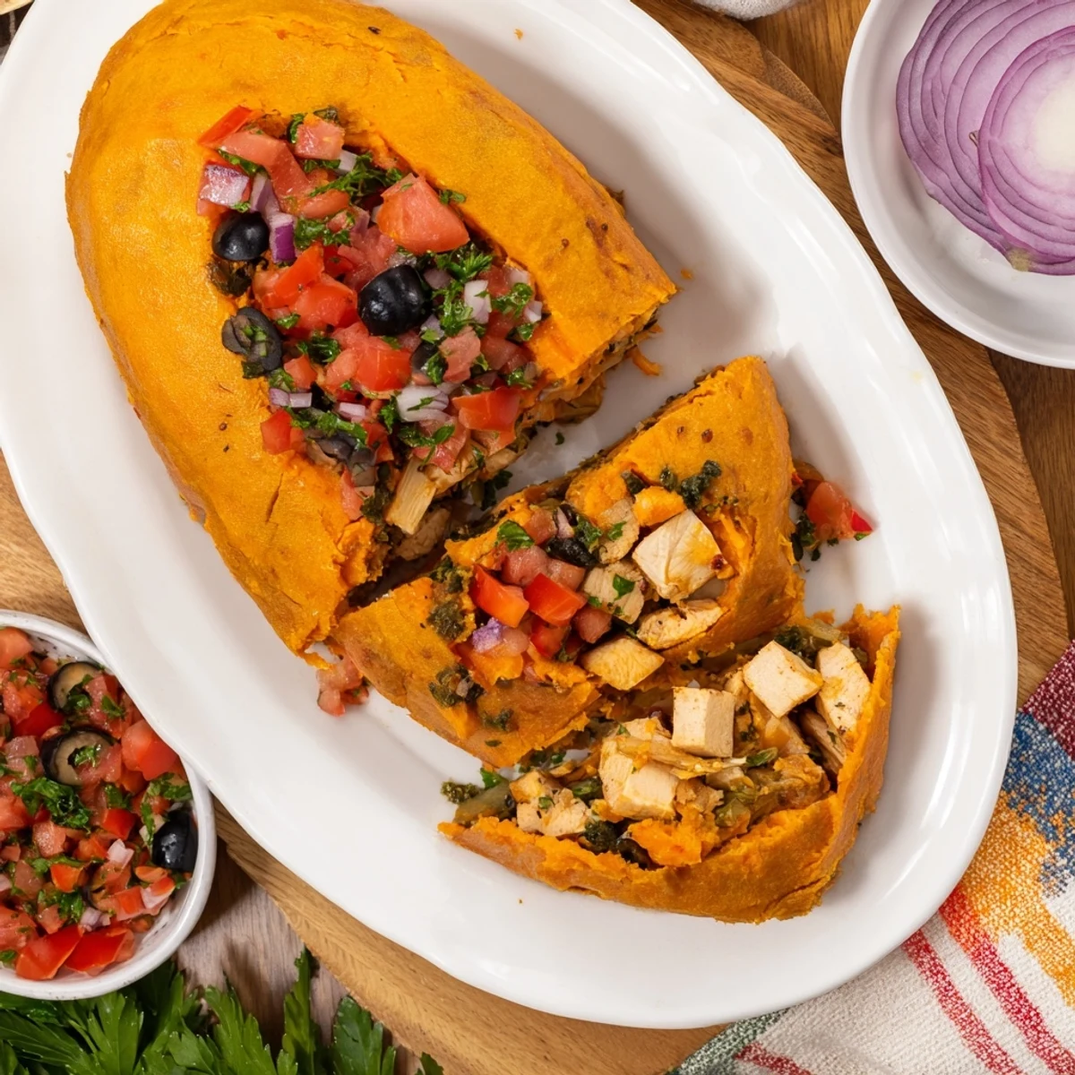Mediterranean-style sweet potato chicken pie served alongside fresh tomato olive salsa on a white dinner plate