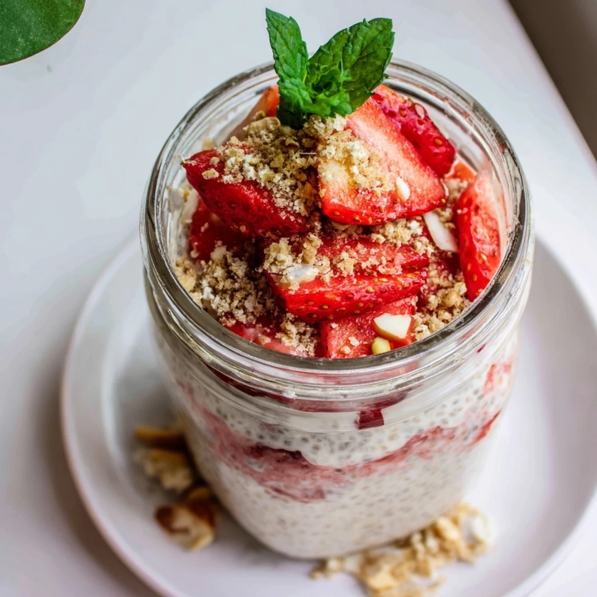 Creamy strawberry cheesecake chia pudding jar topped with diced fresh strawberries and mint leaves for a healthy breakfast