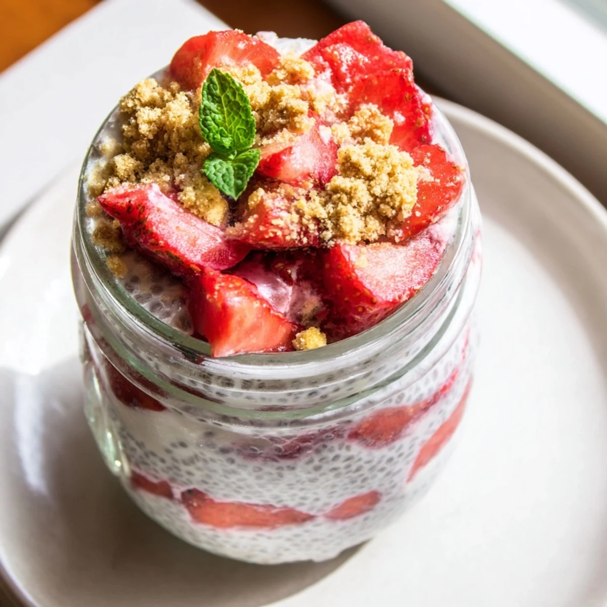 Layered strawberry cheesecake chia pudding with fresh berries, creamy cheesecake filling, and graham cracker topping in a clear glass